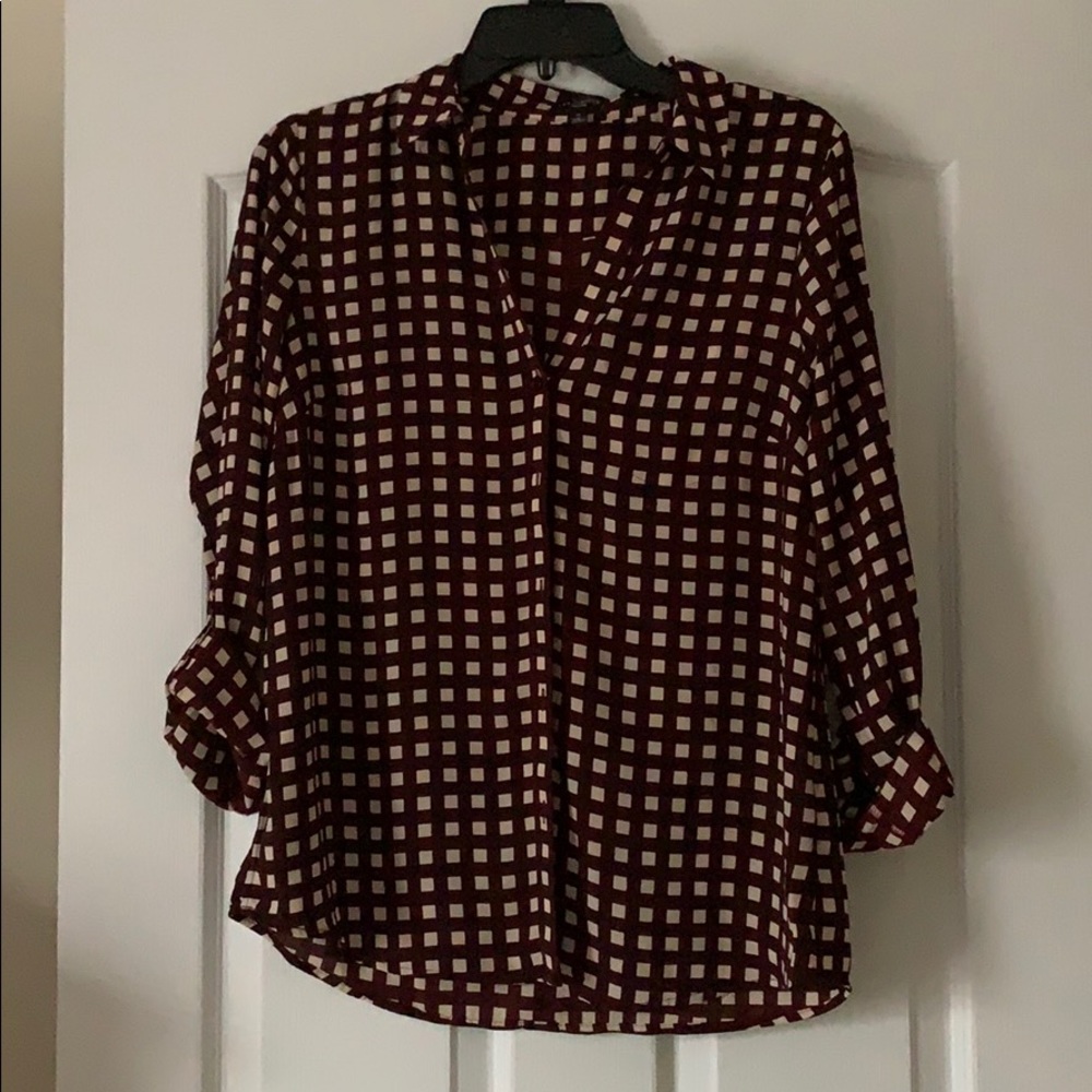 Maroon cream checked v-neck blouse